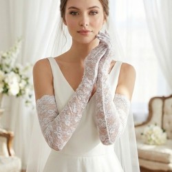 Beyaz Veloura Couture Uzun Dantelli Eldiven &ndash; Full Parmak L&uuml;ks Gelin ve Davet Aksesuarı-VELOURA-4