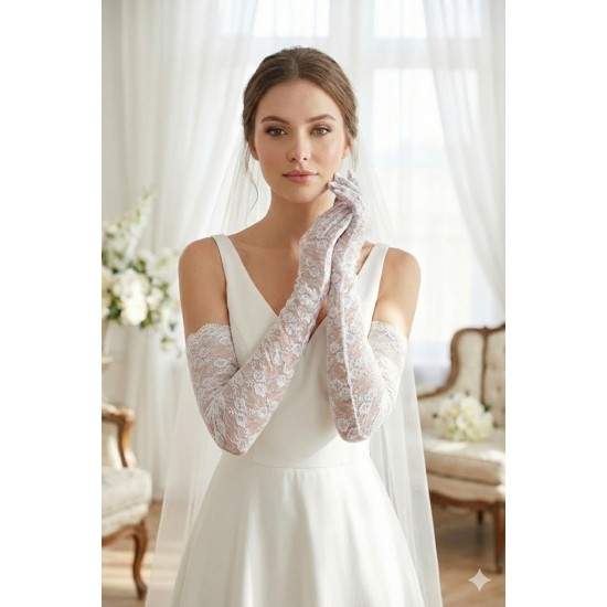 Beyaz Veloura Couture Uzun Dantelli Eldiven &ndash; Full Parmak L&uuml;ks Gelin ve Davet Aksesuarı-VELOURA-4