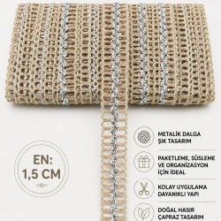 G&uuml;m&uuml;ş Vensora Metalik Dalga Detaylı Hasır Dekoratif Şerit 1 Metre Paketleme S&uuml;sleme-VENSORA-1