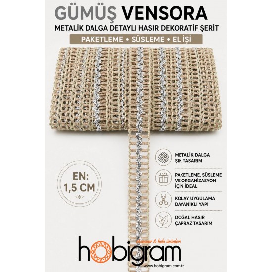 G&uuml;m&uuml;ş Vensora Metalik Dalga Detaylı Hasır Dekoratif Şerit 1 Metre Paketleme S&uuml;sleme-VENSORA-1