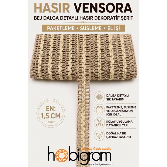 Hasır Vensora Bej Dalga Detaylı Hasır Dekoratif Şerit 1 Metre Paketleme S&uuml;sleme-VENSORA-2