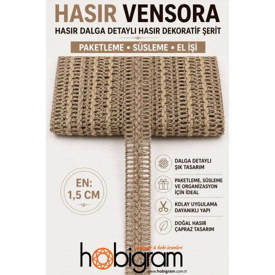 Hasır Vensora Hasır Dalga Detaylı Hasır Dekoratif Şerit 1 Metre Paketleme S&uuml;sleme-VENSORA-3