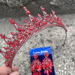 Victoria Kırmızı Gelin Kına Tacı Özel Gün Aksesuar Kadın Taç Ve Üç Mekik Küpe Takımı-VICTORIA-14