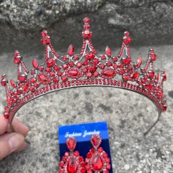 Victoria Kırmızı Gelin Kına Tacı Özel Gün Aksesuar Kadın Taç Ve Üç Mekik Küpe Takımı-VICTORIA-14