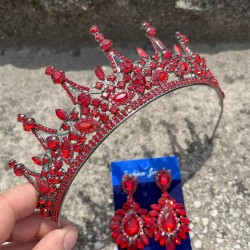 Victoria Kırmızı Gelin Kına Tacı Özel Gün Aksesuar Kadın Taç Ve Geniş Mekik Küpe Takımı-VICTORIA-15