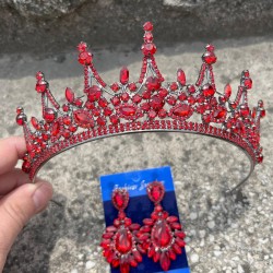 Victoria Kırmızı Gelin Kına Tacı Özel Gün Aksesuar Kadın Taç Ve Geniş Mekik Küpe Takımı-VICTORIA-15