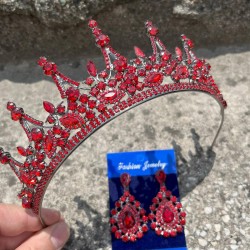 Victoria Kırmızı Gelin Kına Tacı Özel Gün Aksesuar Kadın Taç Ve Damla Mekik Küpe Takımı-VICTORIA-16