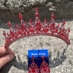 Victoria Kırmızı Gelin Kına Tacı Özel Gün Aksesuar Kadın Taç Ve Damla Mekik Küpe Takımı-VICTORIA-16