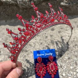 Victoria Kırmızı Gelin Kına Tacı Özel Gün Aksesuar Kadın Taç Ve İnce Mekik Küpe Takımı-VICTORIA-17