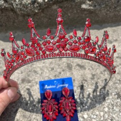 Victoria Kırmızı Gelin Kına Tacı Özel Gün Aksesuar Kadın Taç Ve İnce Mekik Küpe Takımı-VICTORIA-17