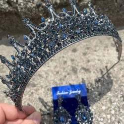 Victoria Lacivert Gelin Kına Tacı Özel Gün Aksesuar Kadın Taç Ve Damla Mekik Küpe Takımı-VICTORIA-18