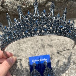 Victoria Lacivert Gelin Kına Tacı Özel Gün Aksesuar Kadın Taç Ve Damla Mekik Küpe Takımı-VICTORIA-18