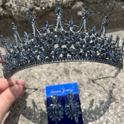 Victoria Lacivert Gelin Kına Tacı Özel Gün Aksesuar Kadın Taç Ve İnce Mekik Küpe Takımı-VICTORIA-19