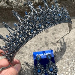 Victoria Lacivert Gelin Kına Tacı Özel Gün Aksesuar Kadın Taç Ve Geniş Mekik Küpe Takımı-VICTORIA-20