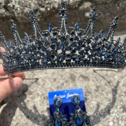 Victoria Lacivert Gelin Kına Tacı Özel Gün Aksesuar Kadın Taç Ve Geniş Mekik Küpe Takımı-VICTORIA-20
