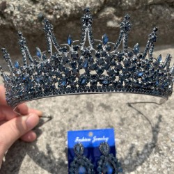 Victoria Lacivert Gelin Kına Tacı Özel Gün Aksesuar Kadın Taç Ve Üç Mekik Küpe Takımı-VICTORIA-21