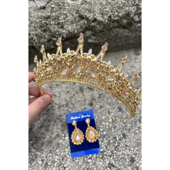 Victoria Gold Gelin Kına Tacı Özel Gün Aksesuar Kadın Taç Ve Damla Mekik Küpe Takımı-VICTORIA-25 Victoria Gold Gelin Kına Tacı Özel Gün Aksesuar Kadın Taç Ve Damla Mekik Küpe Takımı-VICTORIA-25