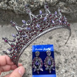 Victoria Mor Gelin Kına Tacı Özel Gün Aksesuar Kadın Taç Ve Üç Mekik Küpe Takımı-VICTORIA-7