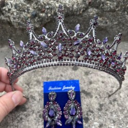 Victoria Mor Gelin Kına Tacı Özel Gün Aksesuar Kadın Taç Ve Üç Mekik Küpe Takımı-VICTORIA-7