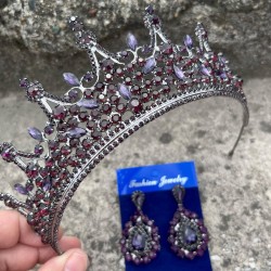 Victoria Mor Gelin Kına Tacı Özel Gün Aksesuar Kadın Taç Ve Damla Mekik Küpe Takımı-VICTORIA-9