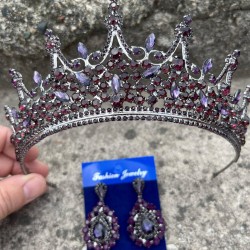 Victoria Mor Gelin Kına Tacı Özel Gün Aksesuar Kadın Taç Ve Damla Mekik Küpe Takımı-VICTORIA-9