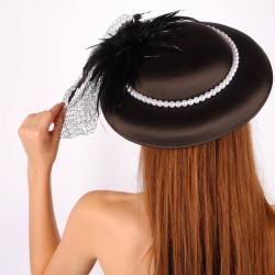 Siyah Nikah Şapkası Vualet Deva İncili Tüllü Gelin Aksesuarı Saç Aksesuarı-VUALET-1003