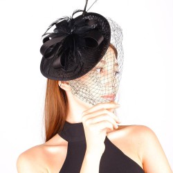 Siyah Nikah Şapkası Vualet Lena Taşlı Fiyonklu Gelin Aksesuarı Saç Aksesuarı-VUALET-1007