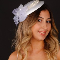 Kırık Beyaz Nikah Şapkası Vualet Sare İncili Gelin Aksesuarı Saç Aksesuarı-VUALET-1018