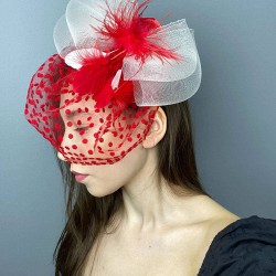Kırmızı Puantiyeli Nikah Şapkası Vualet Sare Gelin Aksesuarı Saç Aksesuarı-VUALET-1025