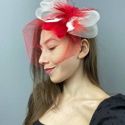 Kırmızı Beyaz Tüllü Nikah Şapkası Vualet Sara Gelin Aksesuarı Saç Aksesuarı-VUALET-1027