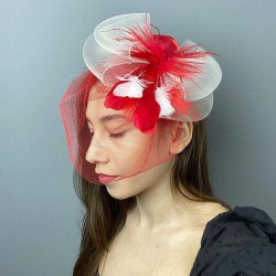 Kırmızı Beyaz Tüllü Nikah Şapkası Vualet Sara Gelin Aksesuarı Saç Aksesuarı-VUALET-1027