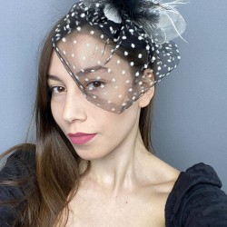 Siyah Beyaz Puantiyeli Nikah Şapkası Vualet Sare Gelin Aksesuarı Saç Aksesuarı-VUALET-1028