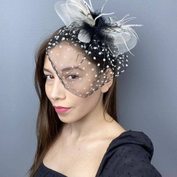 Siyah Beyaz Puantiyeli Nikah Şapkası Vualet Sare Gelin Aksesuarı Saç Aksesuarı-VUALET-1028