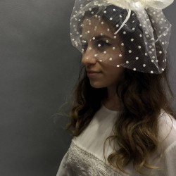 Krem Puantiyeli Nikah Şapkası Vualet Sare Gelin Aksesuarı Saç Aksesuarı-VUALET-1030