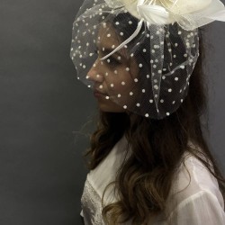 Krem Puantiyeli Nikah Şapkası Vualet Sare Gelin Aksesuarı Saç Aksesuarı-VUALET-1030