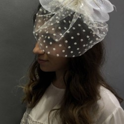 Beyaz Puantiyeli Nikah Şapkası Vualet Sare Gelin Aksesuarı Saç Aksesuarı-VUALET-1031