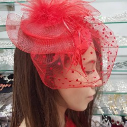Kırmızı Puantiyeli Nikah Şapkası Vualet Sare Gelin Aksesuarı Saç Aksesuarı-VUALET-1032