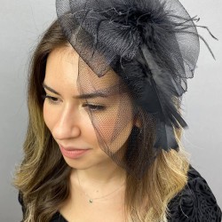 Siyah Tüllü Nikah Şapkası Vualet Sara Gelin Aksesuarı Saç Aksesuarı-VUALET-1034