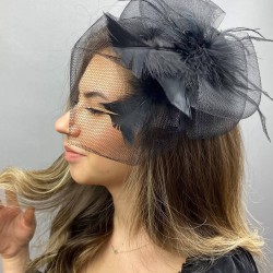 Siyah Tüllü Nikah Şapkası Vualet Sara Gelin Aksesuarı Saç Aksesuarı-VUALET-1034