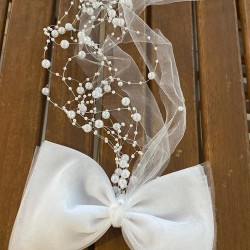 Beyaz Boncuklu Tüllü Nikah Şapkası Gelin Aksesuarı Saç Aksesuarı-VUALET-1055