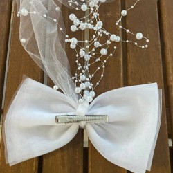 Beyaz Boncuklu Tüllü Nikah Şapkası Gelin Aksesuarı Saç Aksesuarı-VUALET-1055