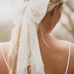 Beyaz İncili Tüllü Taraklı Nikah Şapkası Gelin Aksesuarı Saç Aksesuarı-VUALET-1057