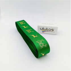 Gold Varaklı Yeşil Mutlu Yıllar Desenli Yılbaşı Kurdelesi-YENI-1060