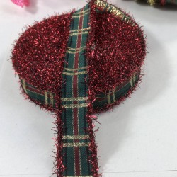 Yeşil Kırmızı Ekoseli Kırmızı Süslü Yılbaşı Kurdelesi-YENI-1064