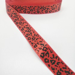 Kırmızı Leopar Desenli Grogren Kurdele 2,5 cm 1 Metre-YENY-138