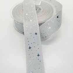 Gümüş Yıldız Baskılı Tafta Kurdele 2,5 cm 1 Metre-YENY-146