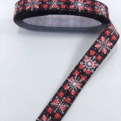 Kırmızı Siyah Ekoseli Kar Tanesi Desenli Grogren Kurdele-YILBASI-1013 Kırmızı Siyah Ekoseli Kar Tanesi Desenli Grogren Kurdele-YILBASI-1013