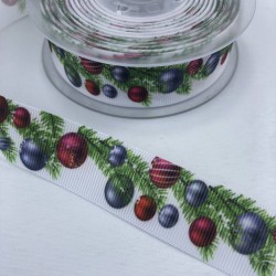 Kırmızı Mavi Yılbaşı Ağacı Desenli Grogren Kurdele-YILBASI-1017