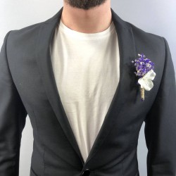 Mor Cipsolu Beyaz Çiçekli Damat Yaka Çiçeği-YKC-1061