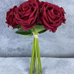 Bordo Kadife Gül Demeti Bordo Rengi 7 Dallı 40 Cm-YPC-255